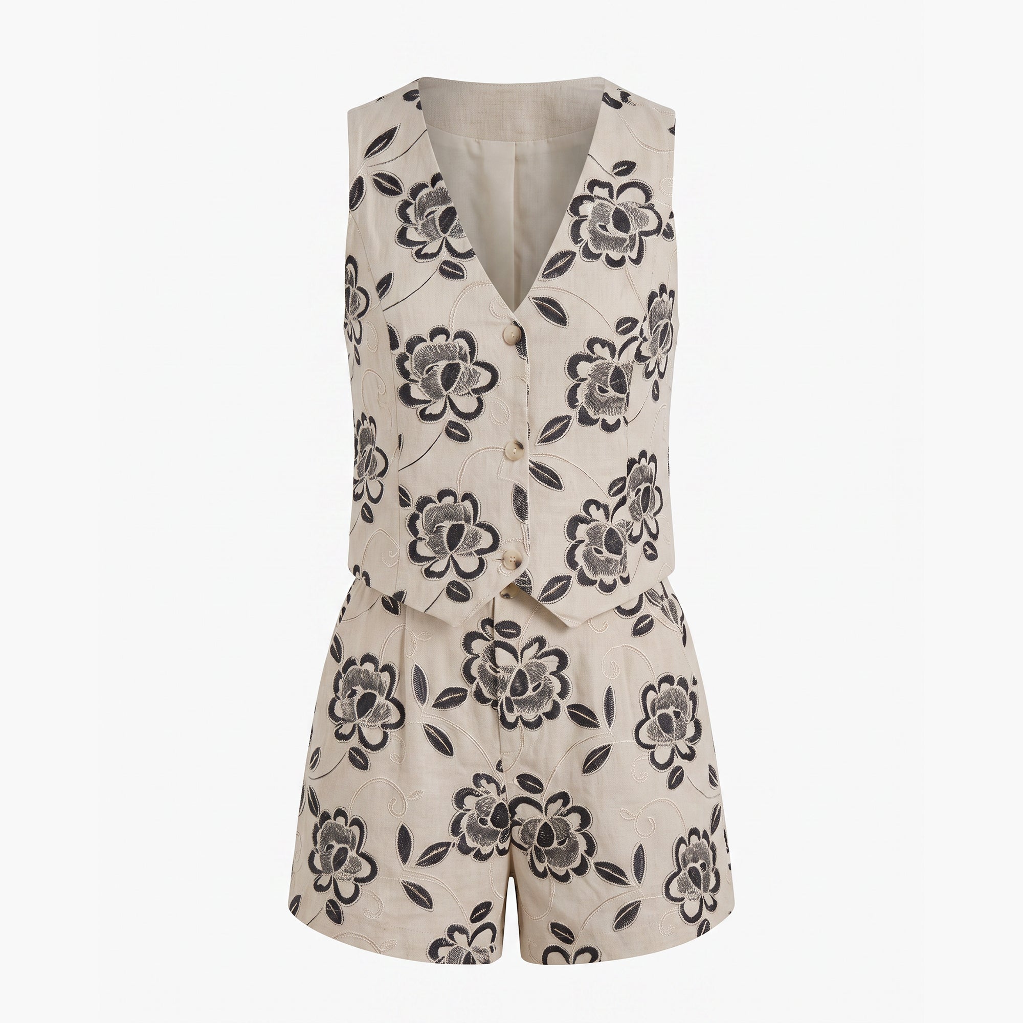 Women's Beige Black Embroidery Mid Season Vest & Shorts Co-ord Set- Women's wear