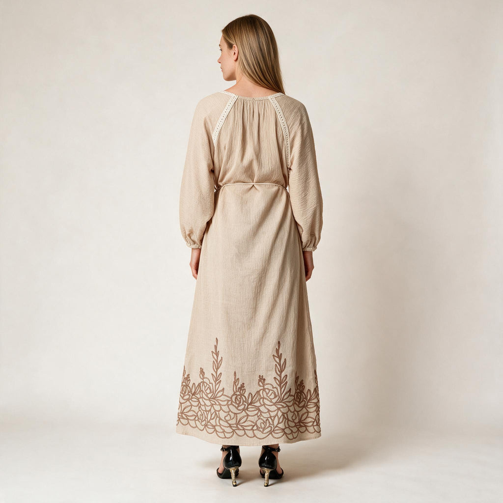 Women's Beige Long Embroidery Dress Women's wear Fall Winter Dress - One Size