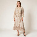 Women's Beige Long Embroidery Dress Women's wear Fall Winter Dress - One Size