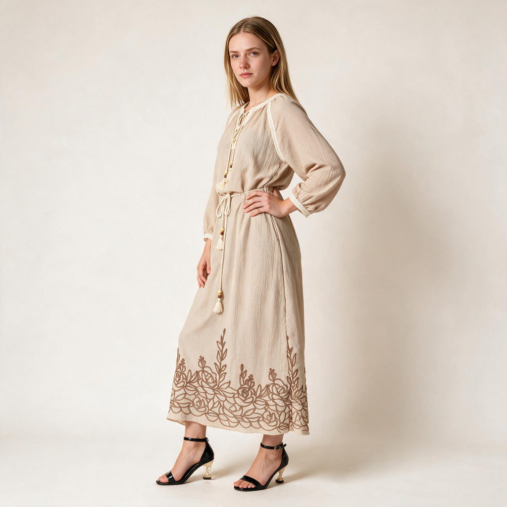 Women's Beige Long Embroidery Dress Women's wear Fall Winter Dress - One Size
