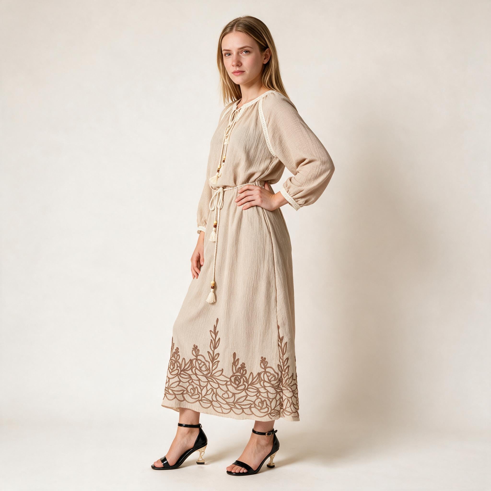 Women's Beige Long Embroidery Dress Women's wear Fall Winter Dress - One Size