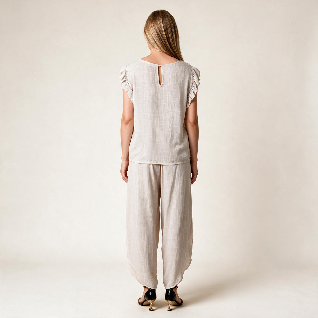 Women's Beige Top & Trousers Co-ord Set For Ladies