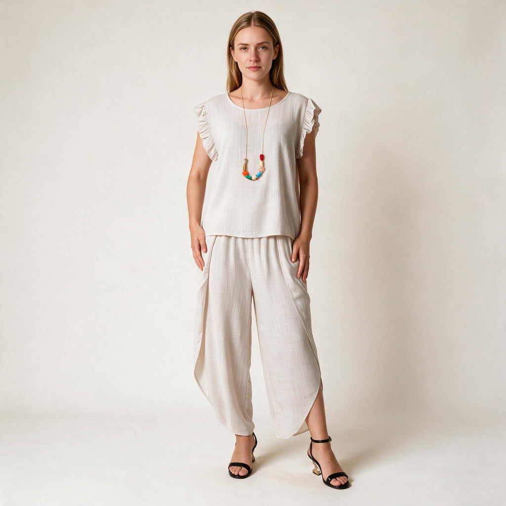 Women's Beige Top & Trousers Co-ord Set For Ladies