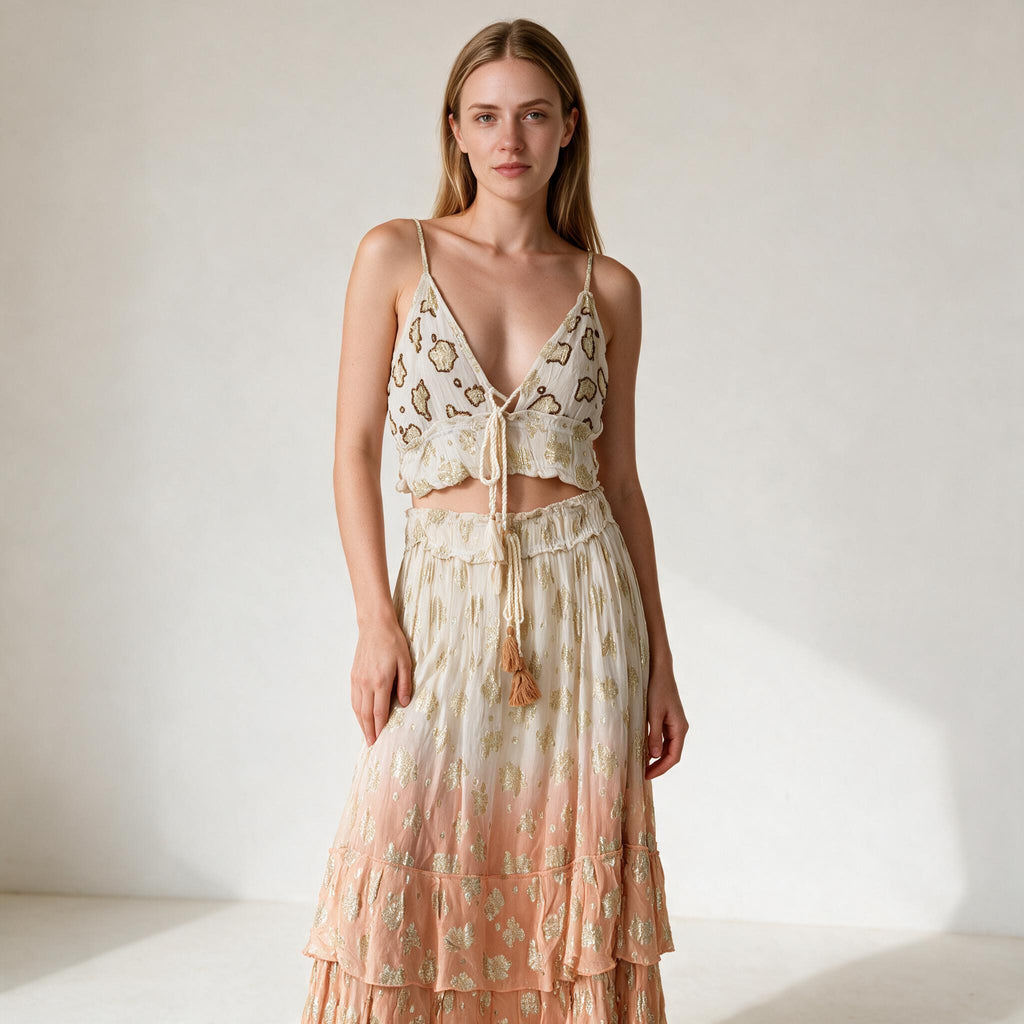Women's Beige Two Toned Embellished Party Dress