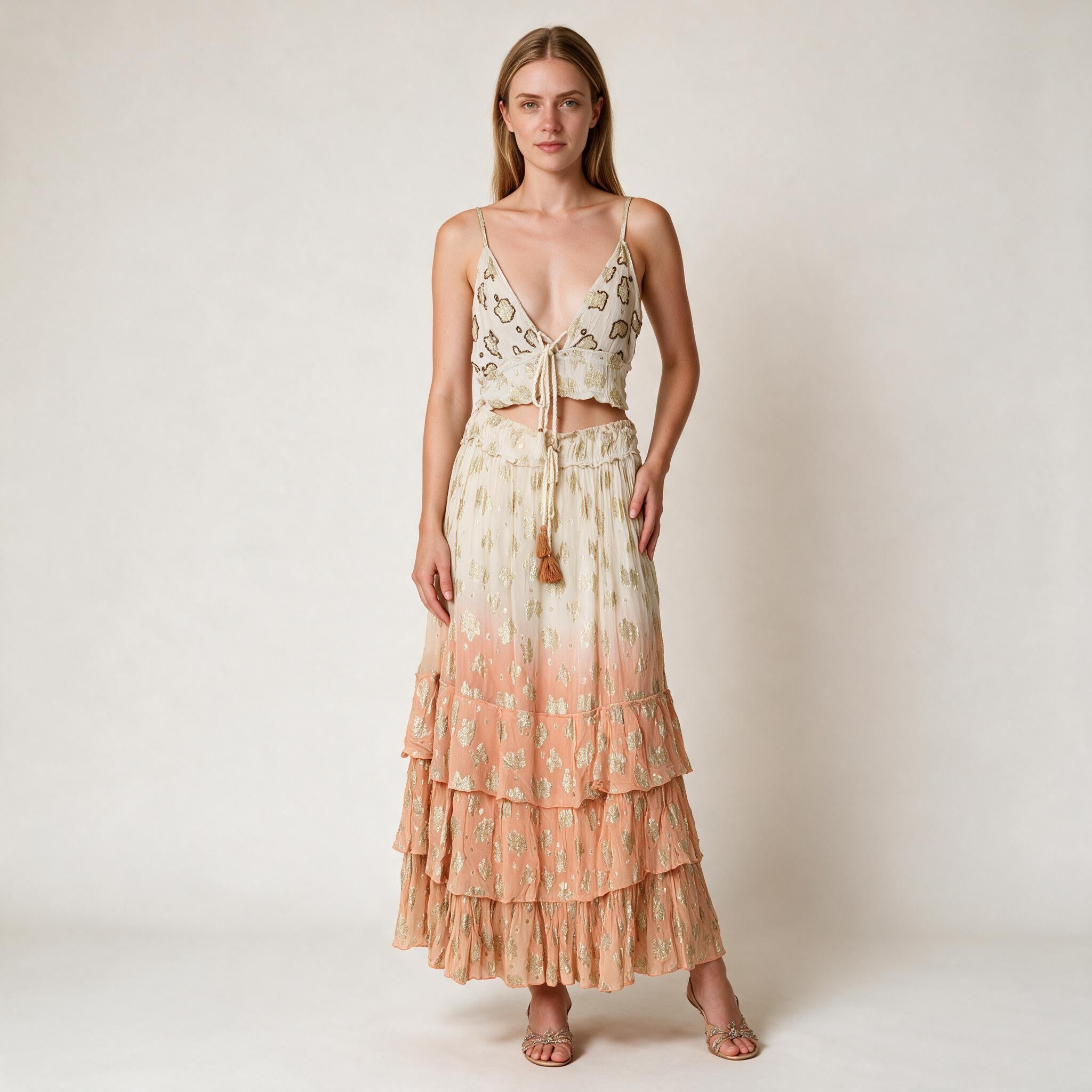 Women's Beige Two Toned Embellished Party Dress