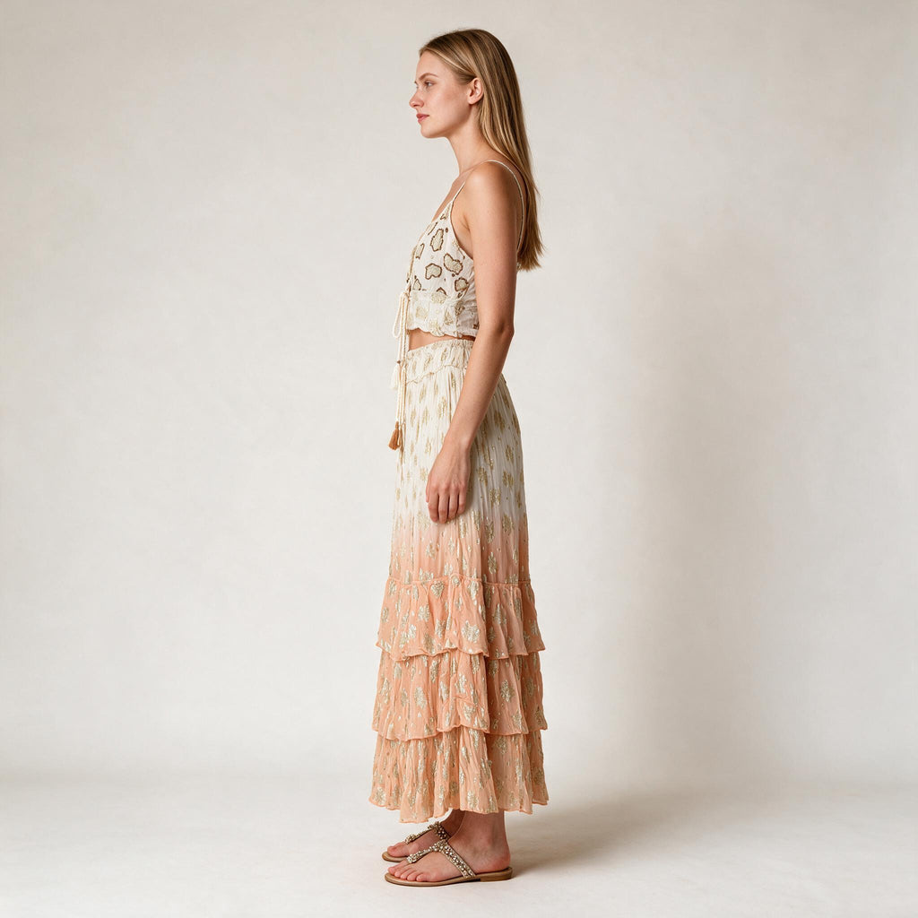 Women's Beige Two Toned Embellished Party Dress