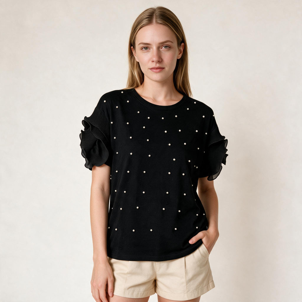 Women's Black Ladies Pearls All Season T-Shirt Size M UK 12 14
