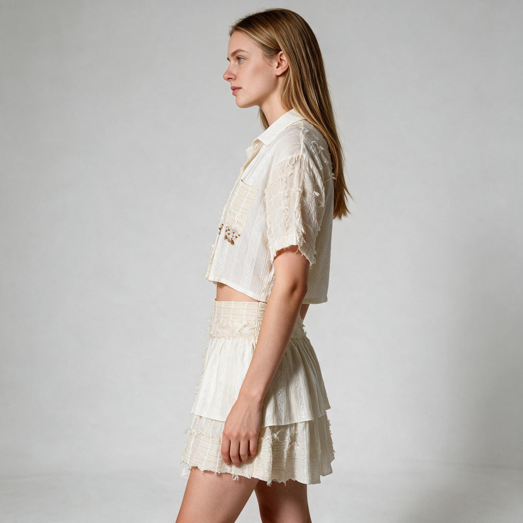 Women's Boho Style Two Piece Embellishment Amazing Top & Mini Skirt Set- Holiday Dress