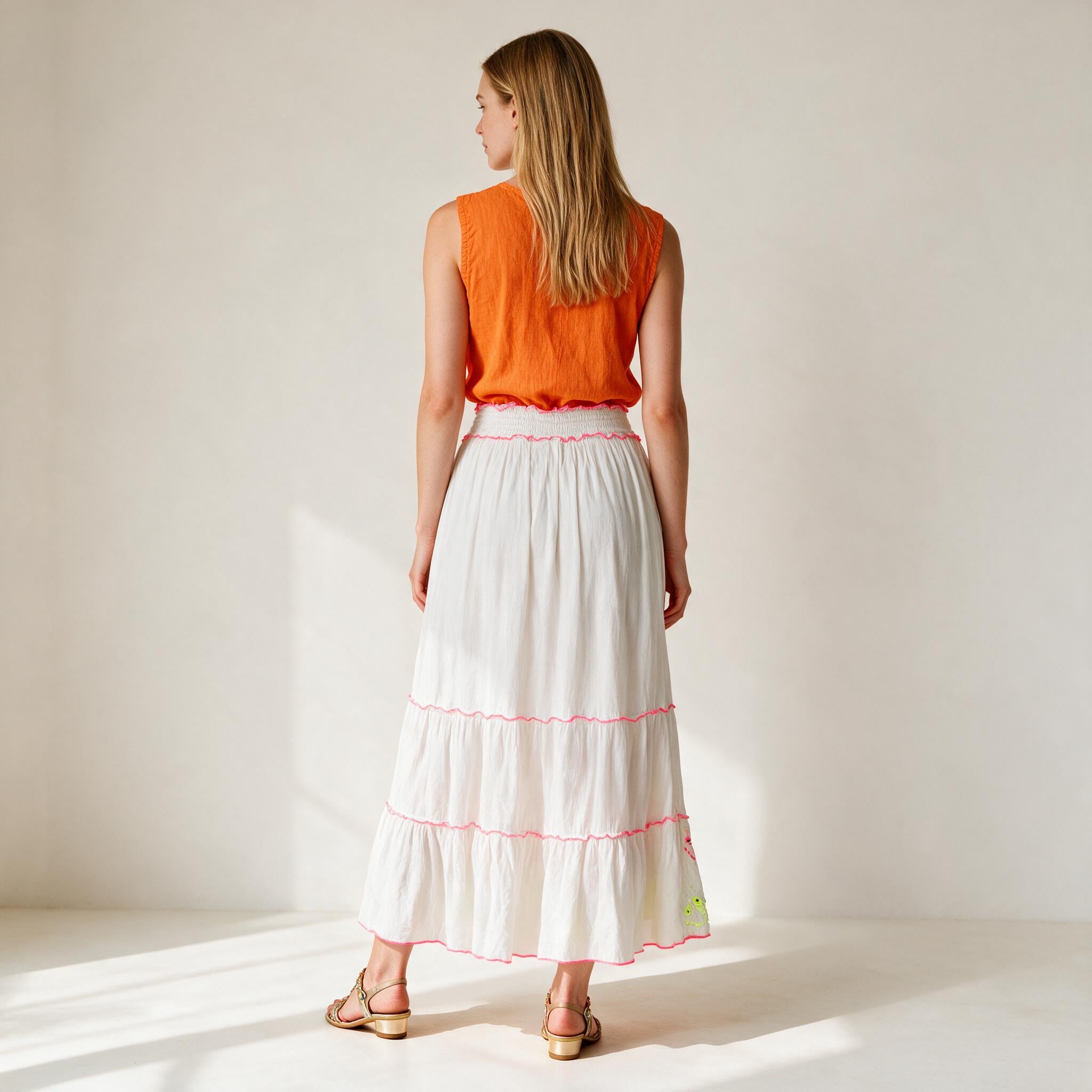 Women's Chic White Ladies Maxi Skirt With Multi colored Embroidery Work - One Size fits to UK 8 10 12 14