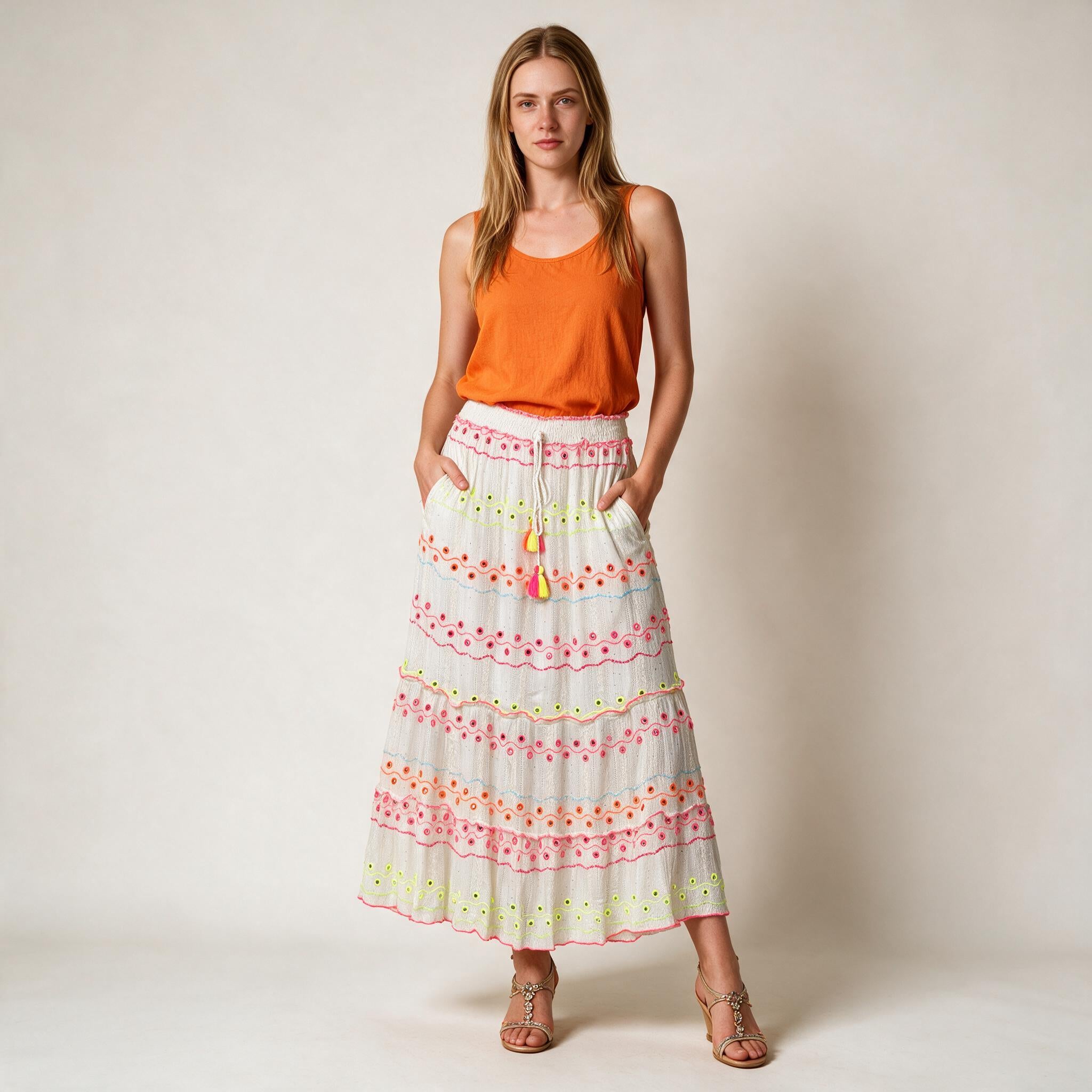 Women's Chic White Ladies Maxi Skirt With Multi colored Embroidery Work - One Size fits to UK 8 10 12 14