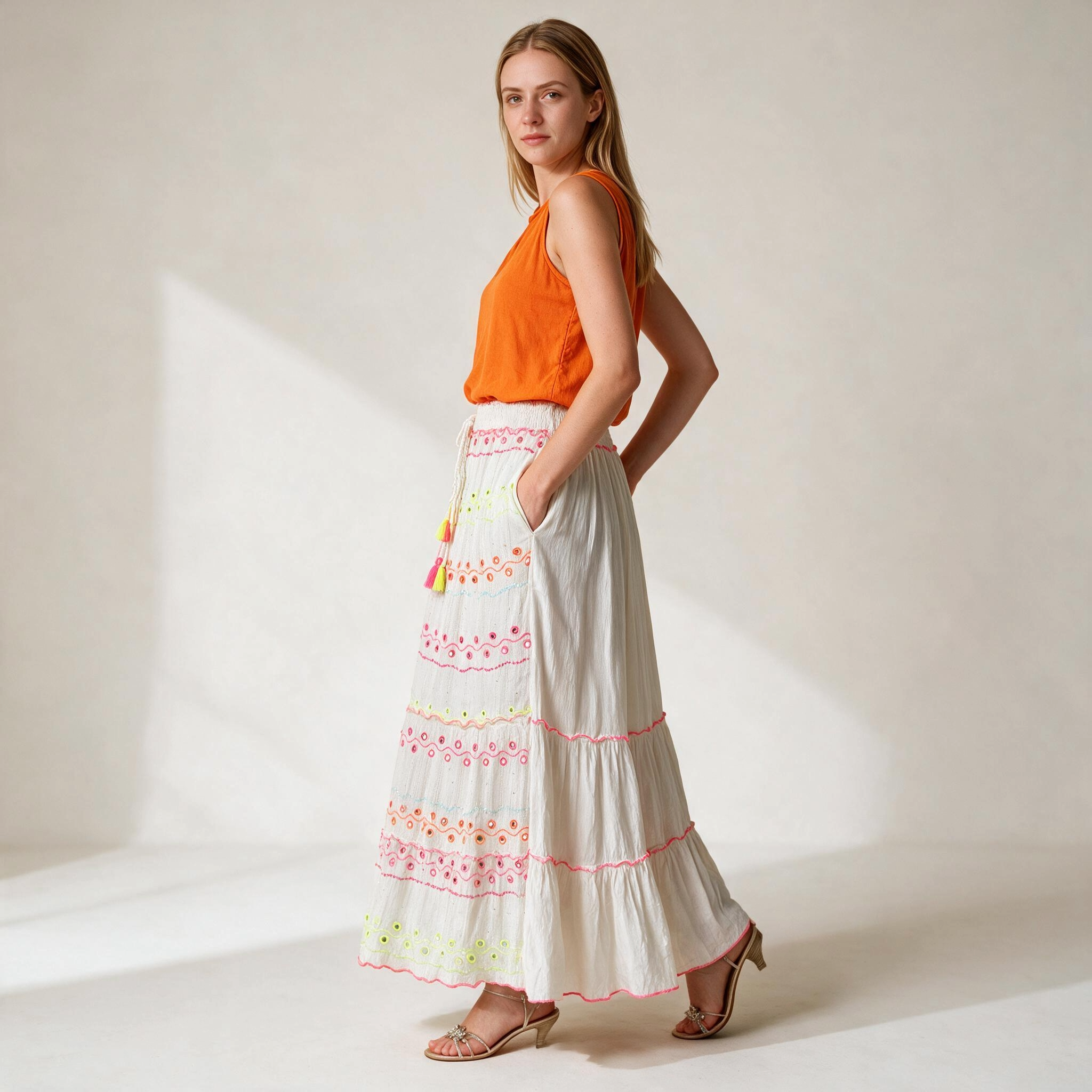 Women's Chic White Ladies Maxi Skirt With Multi colored Embroidery Work - One Size fits to UK 8 10 12 14