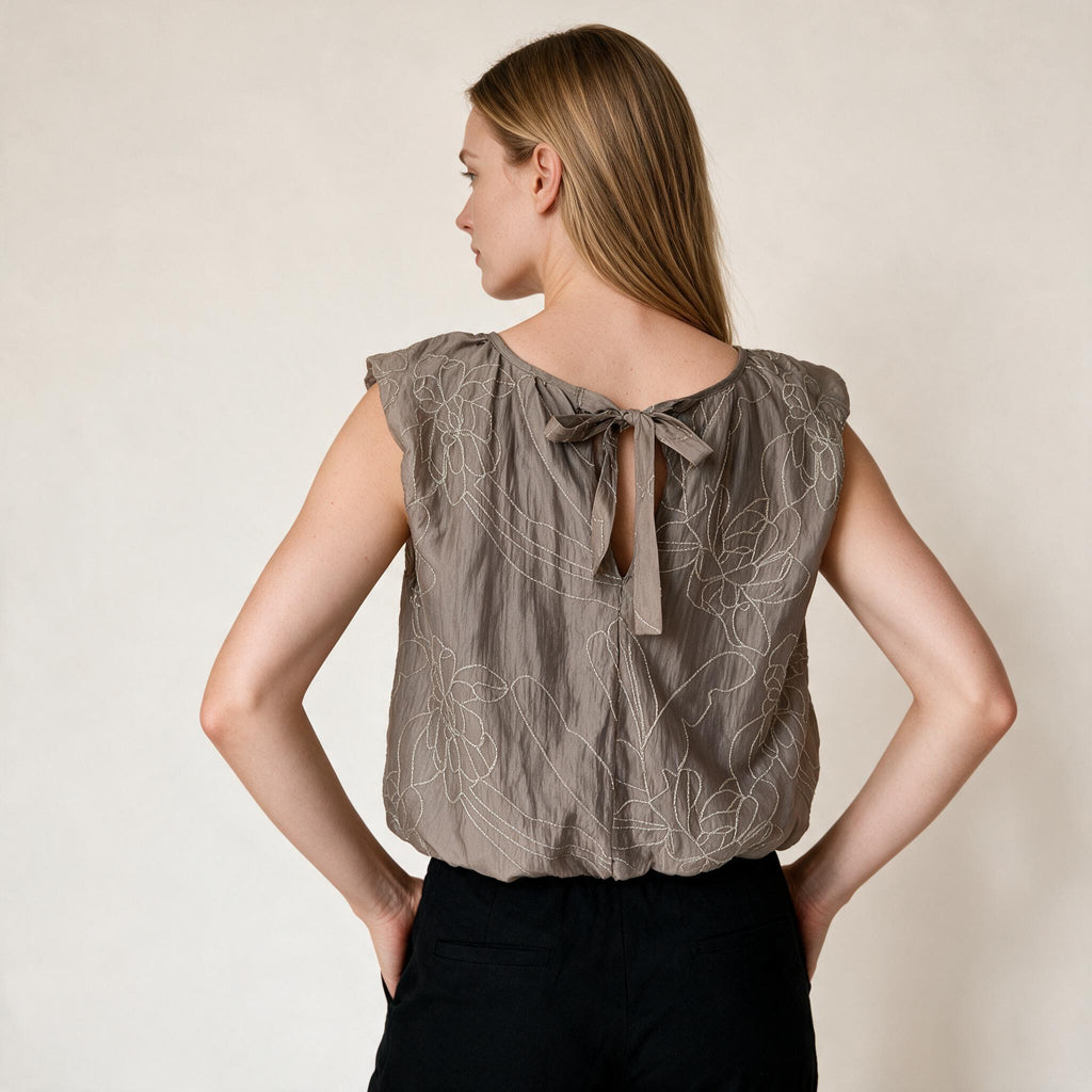 Women's Grey Sleeveless Shiny Embroidery Flexible Blouse | Galmtree