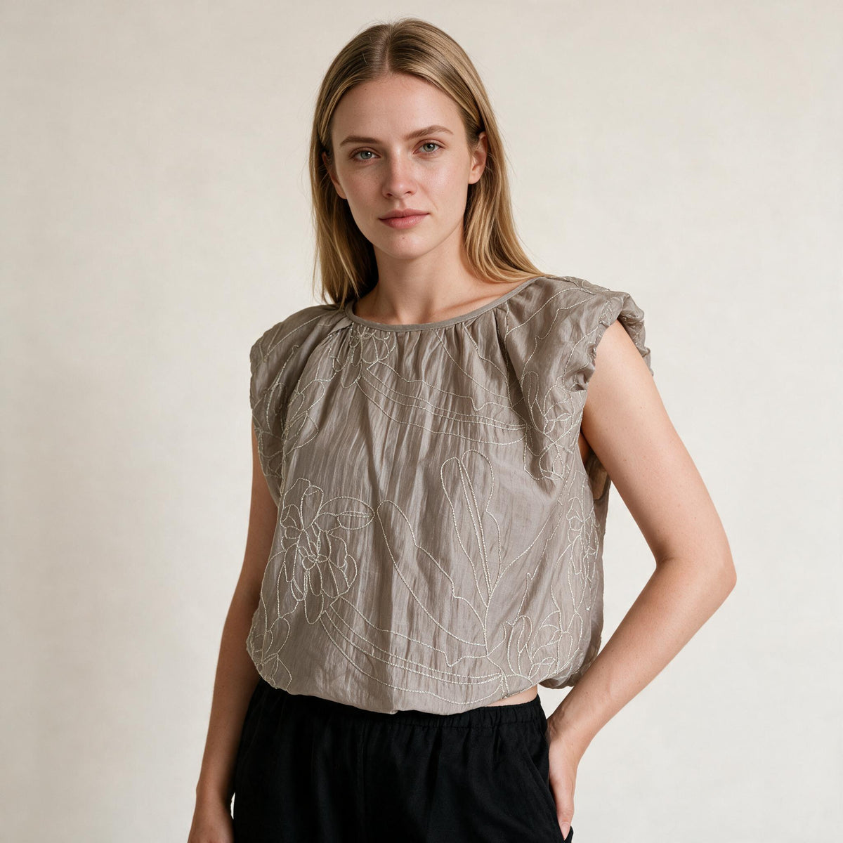 Women's Grey Sleeveless Shiny Embroidery Flexible Blouse | Galmtree