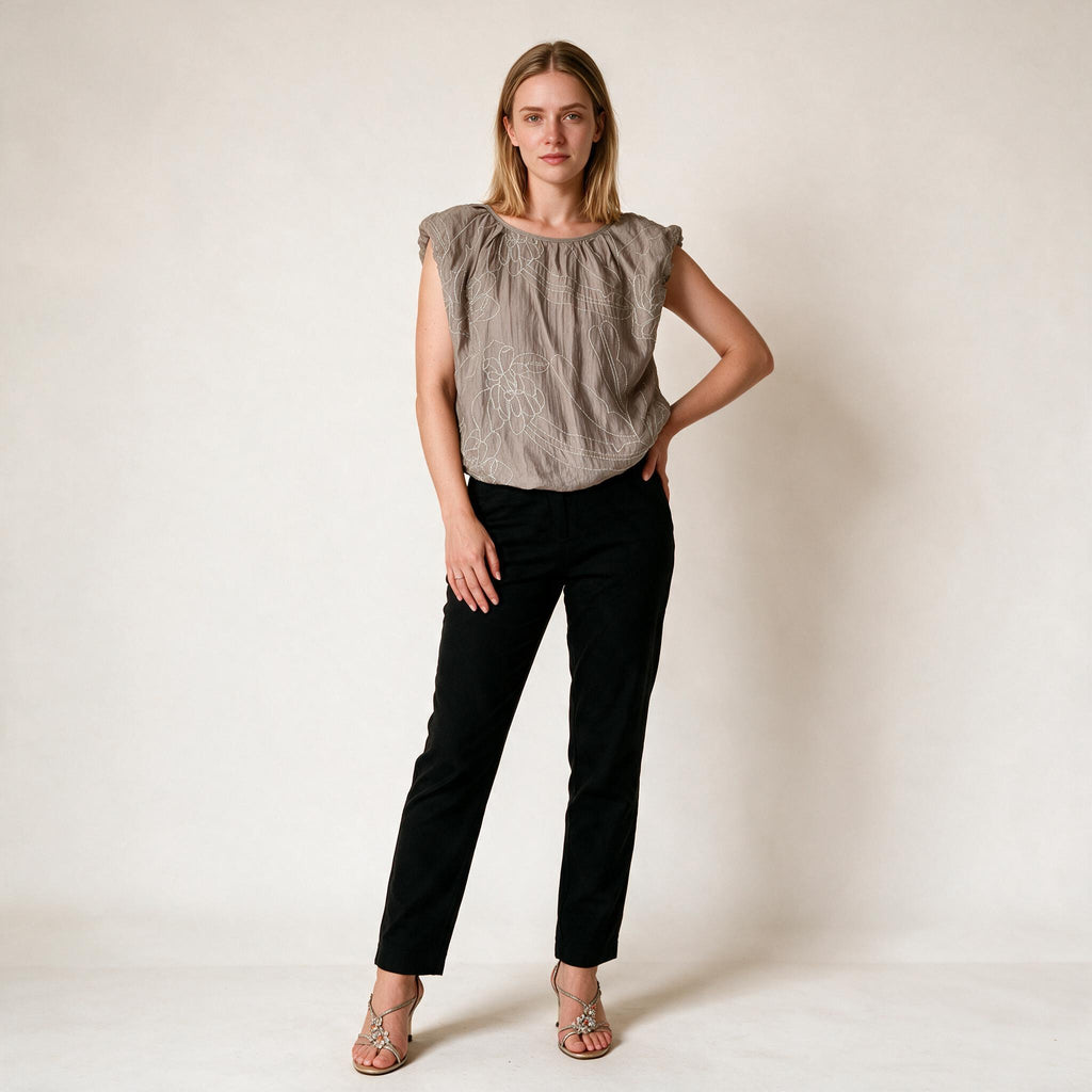 Women's Grey Sleeveless Shiny Embroidery Flexible Blouse | Galmtree
