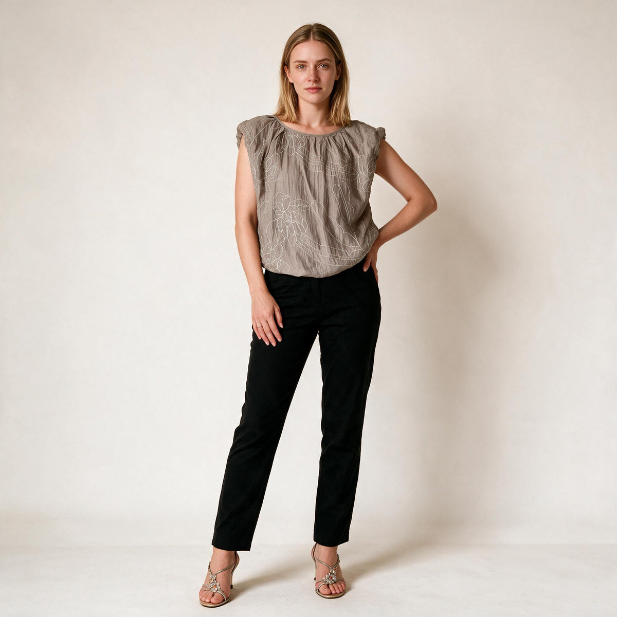 Women's Grey Sleeveless Shiny Embroidery Flexible Blouse | Galmtree