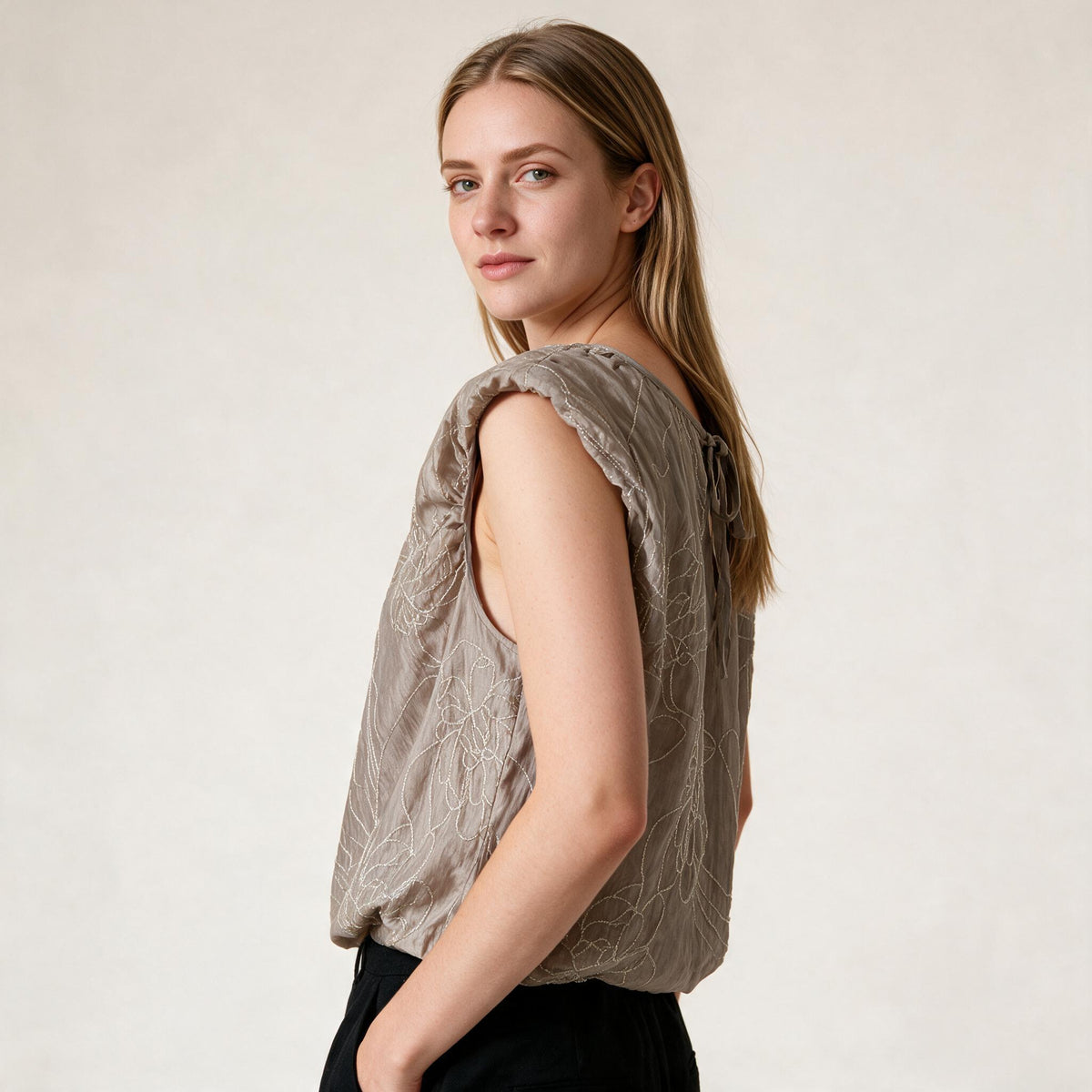 Women's Grey Sleeveless Shiny Embroidery Flexible Blouse | Galmtree
