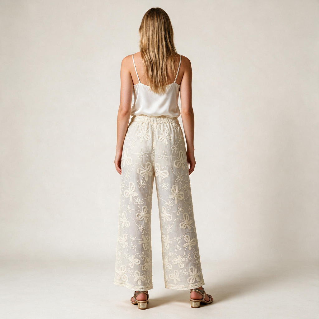 Ladies Elegant Embroidery Wide Leg Trousers | Glamtree