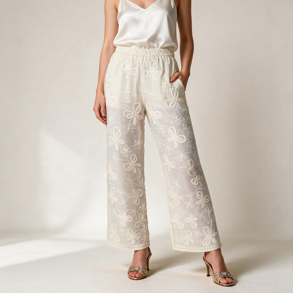 Ladies Elegant Embroidery Wide Leg Trousers | Glamtree
