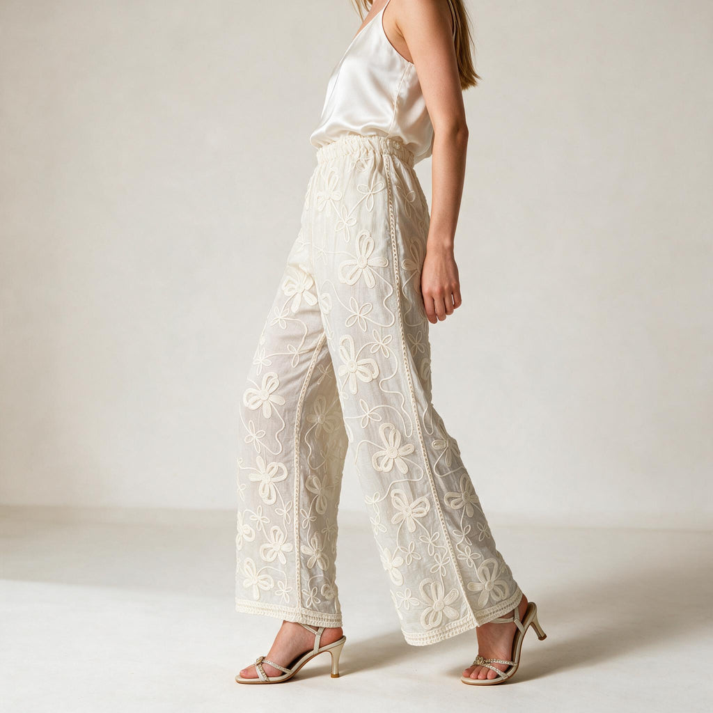 Ladies Elegant Embroidery Wide Leg Trousers | Glamtree
