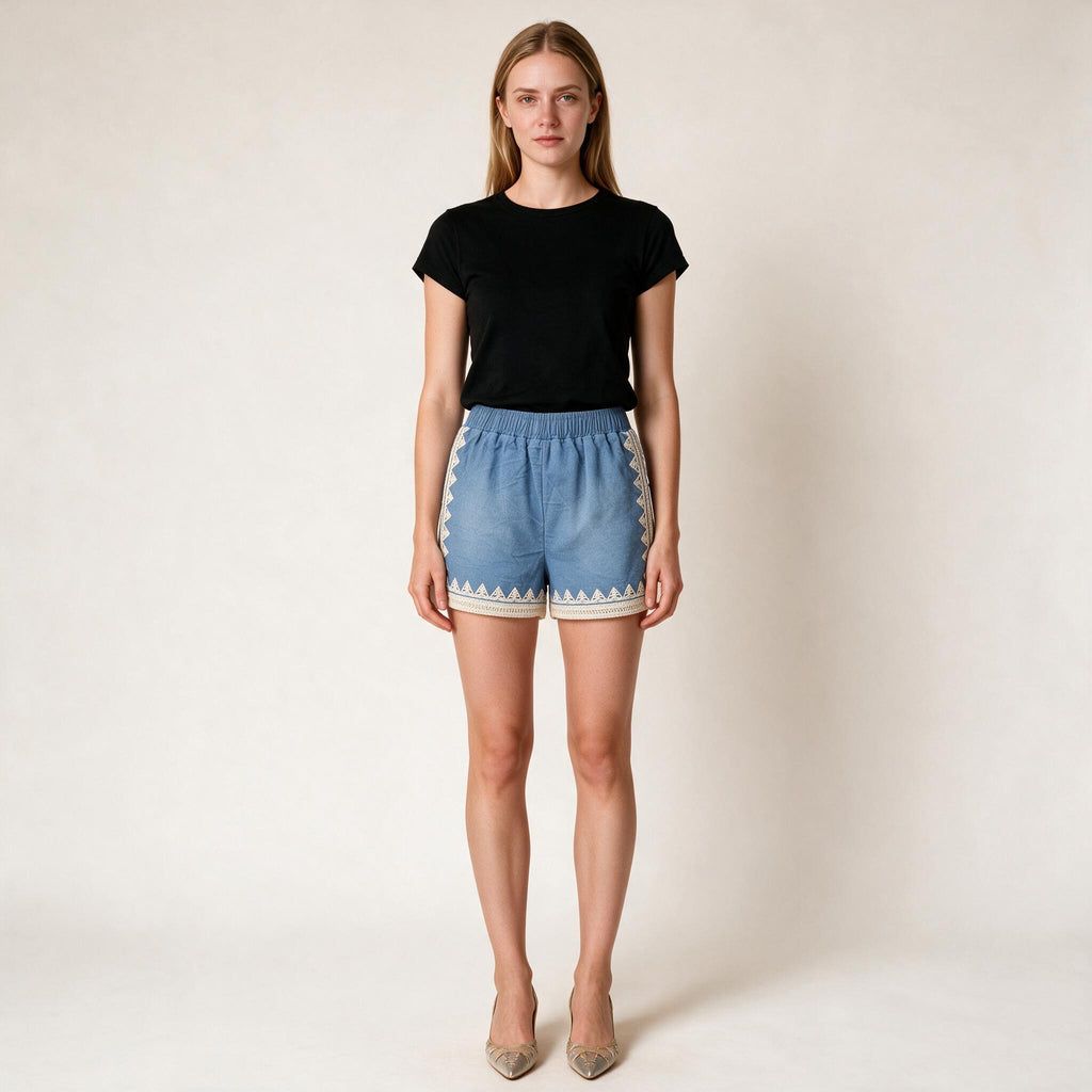 Women's Light Blue Ladies Denim Embroidery Shorts Size S , UK 8, 10