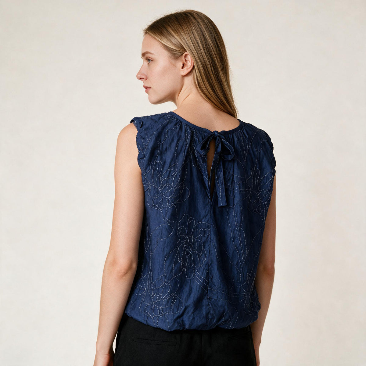 Women's Navy Blue Floral Embroidered Stretchy Sleeveless Blouse | Glamtree