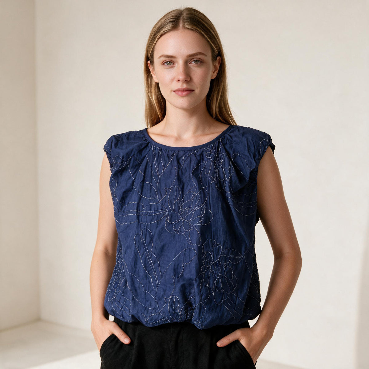 Women's Navy Blue Floral Embroidered Stretchy Sleeveless Blouse | Glamtree