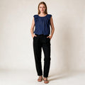 Women's Navy Blue Floral Embroidered Stretchy Sleeveless Blouse | Glamtree