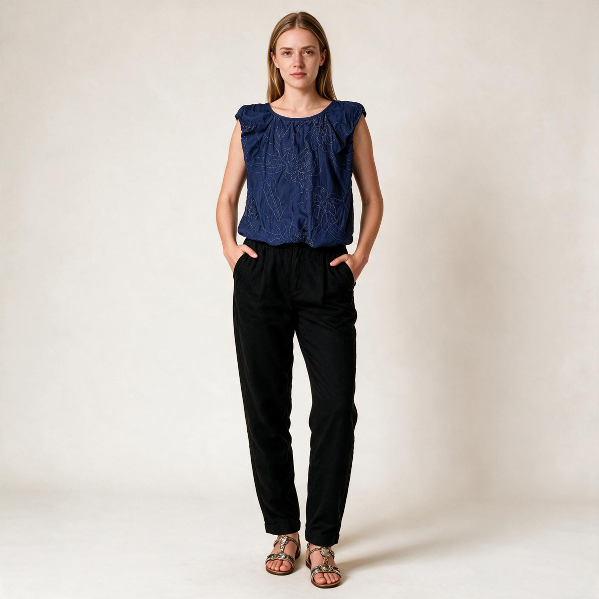 Women's Navy Blue Floral Embroidered Stretchy Sleeveless Blouse | Glamtree