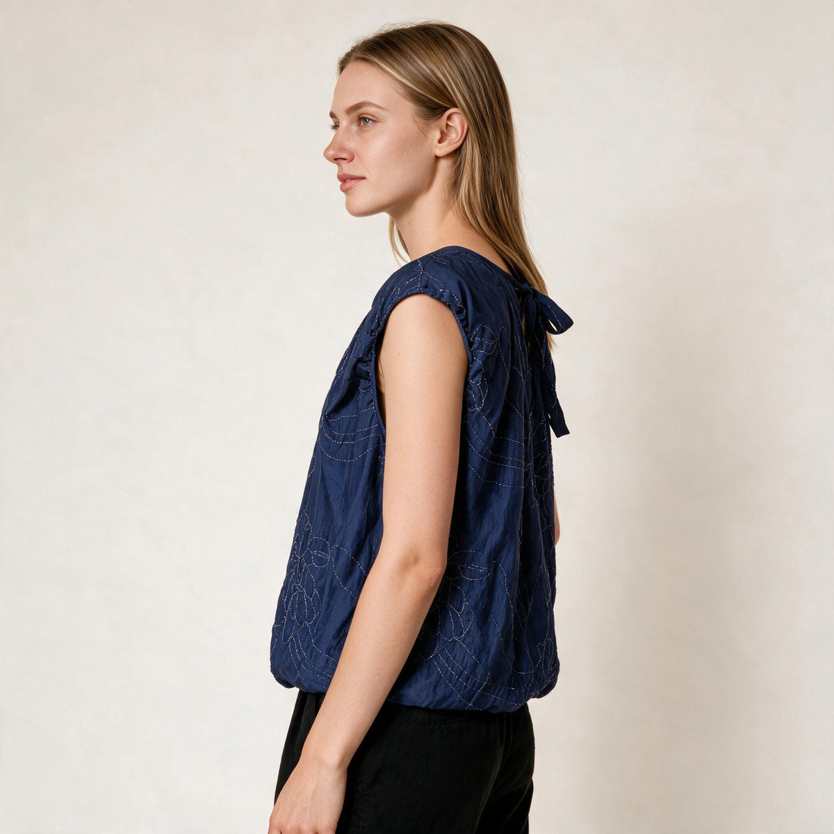 Women's Navy Blue Floral Embroidered Stretchy Sleeveless Blouse | Glamtree