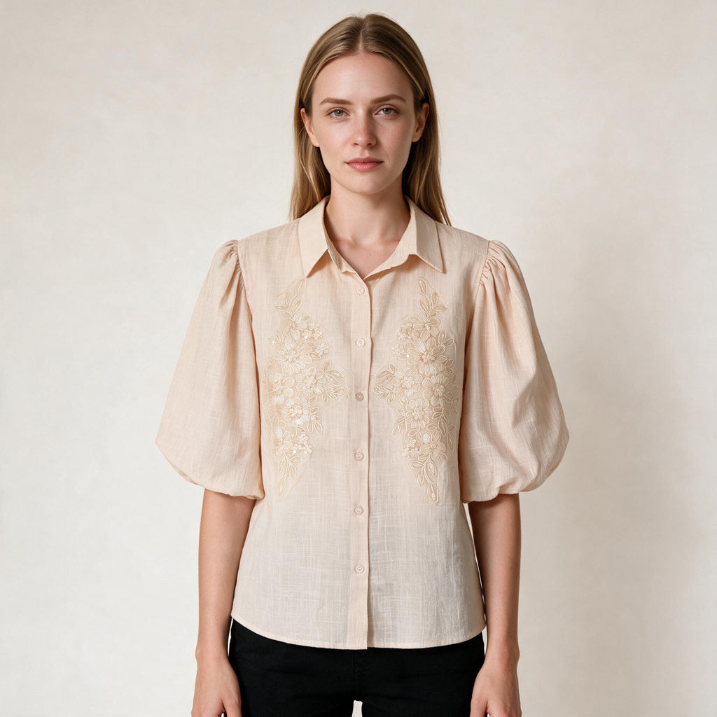 Women's Nude Color Embellishment Button-down Top- Size M