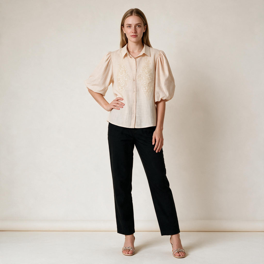 Women's Nude Color Embellishment Button-down Top- Size M