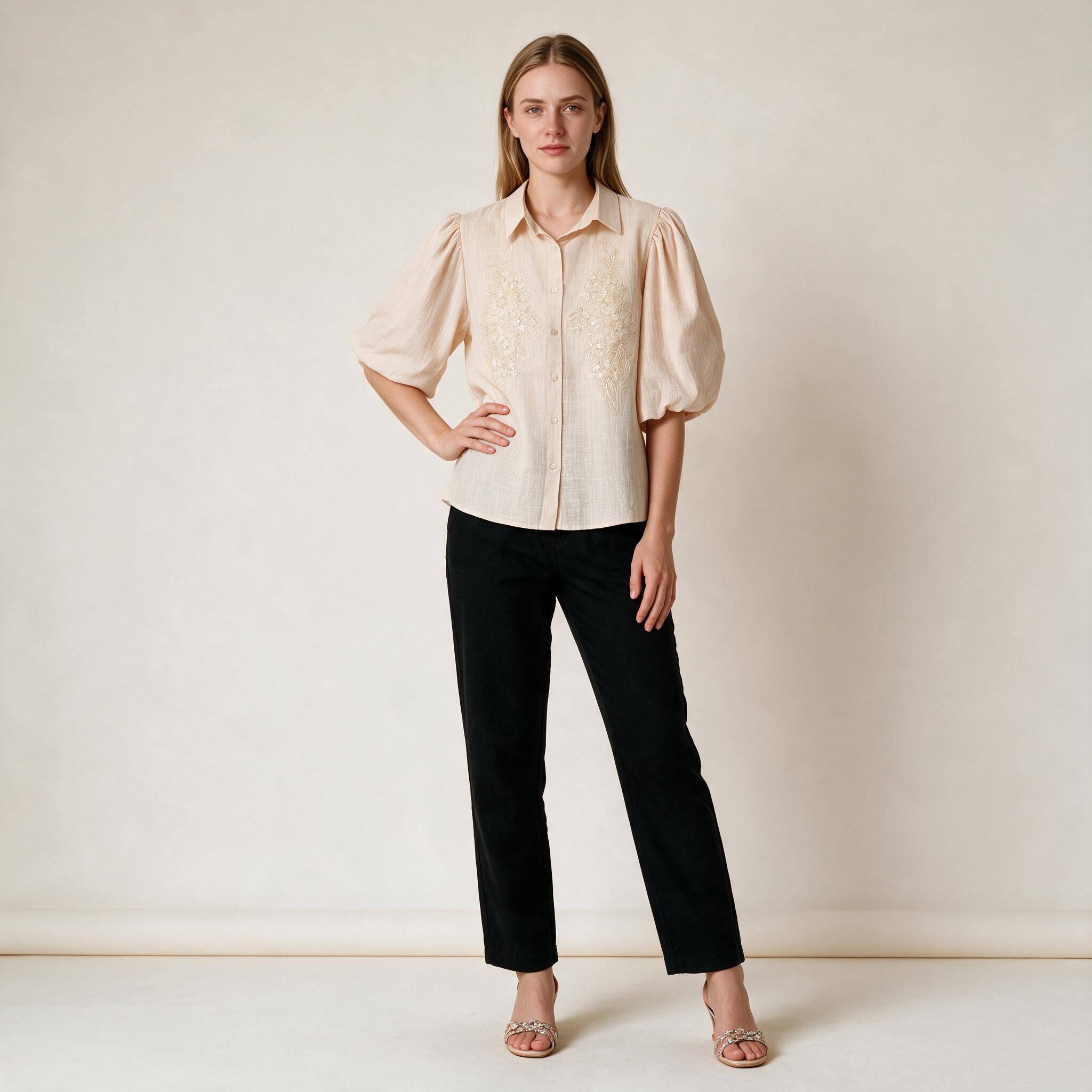 Women's Nude Color Embellishment Button-down Top- Size M