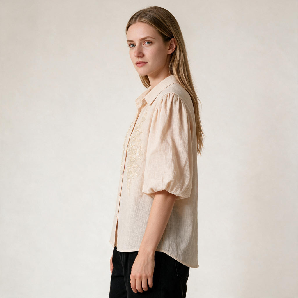 Women's Nude Color Embellishment Button-down Top- Size M