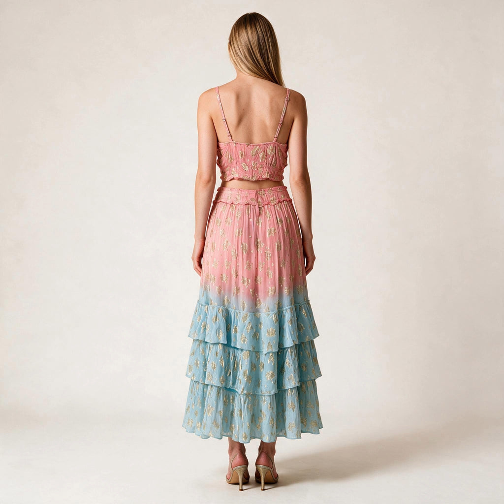Women's Pink & Turquoise Skirt and Blouse Party Dress for Women