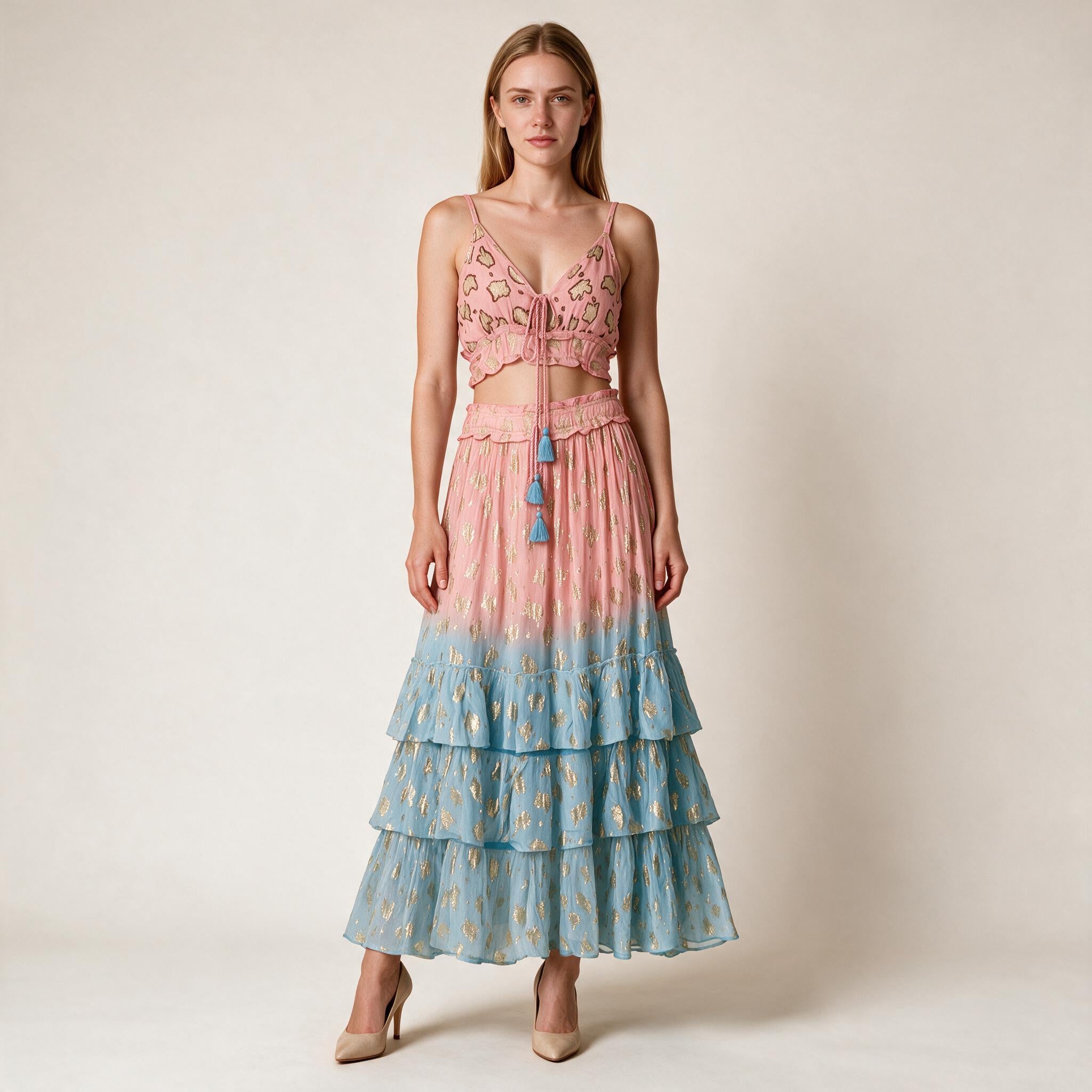 Women's Pink & Turquoise Skirt and Blouse Party Dress for Women
