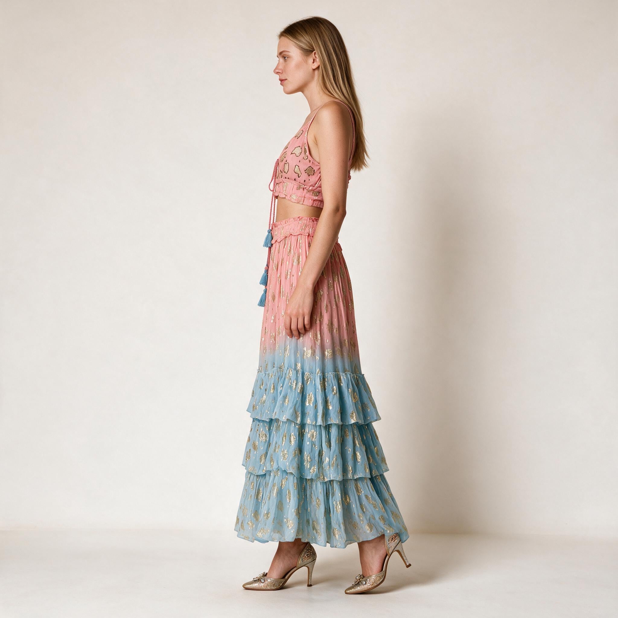Women's Pink & Turquoise Skirt and Blouse Party Dress for Women