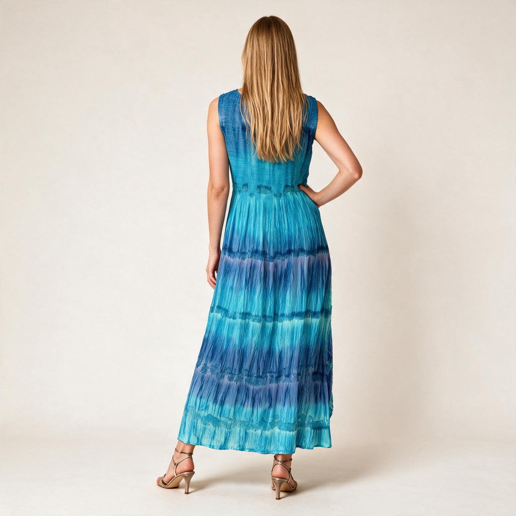 Women's Shirred Tie & Dye Midi Ladies Dress in Blue Color , Embroidery on Borders - One Size
