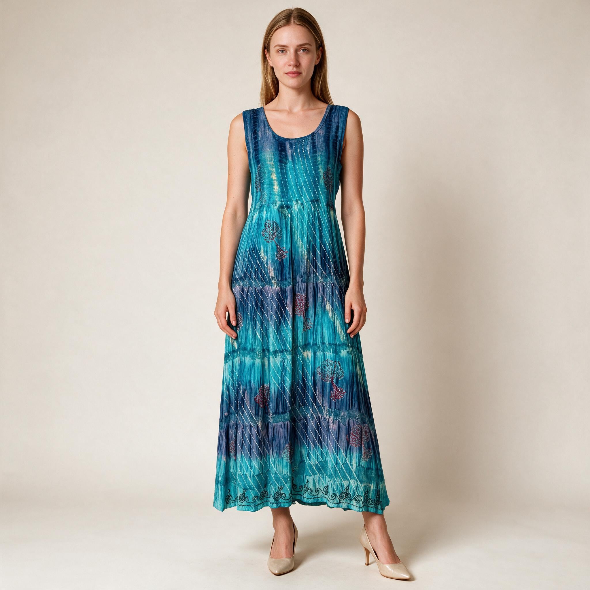 Women's Shirred Tie & Dye Midi Ladies Dress in Blue Color , Embroidery on Borders - One Size