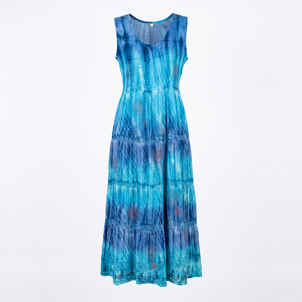 Women's Shirred Tie & Dye Midi Ladies Dress in Blue Color , Embroidery on Borders - One Size