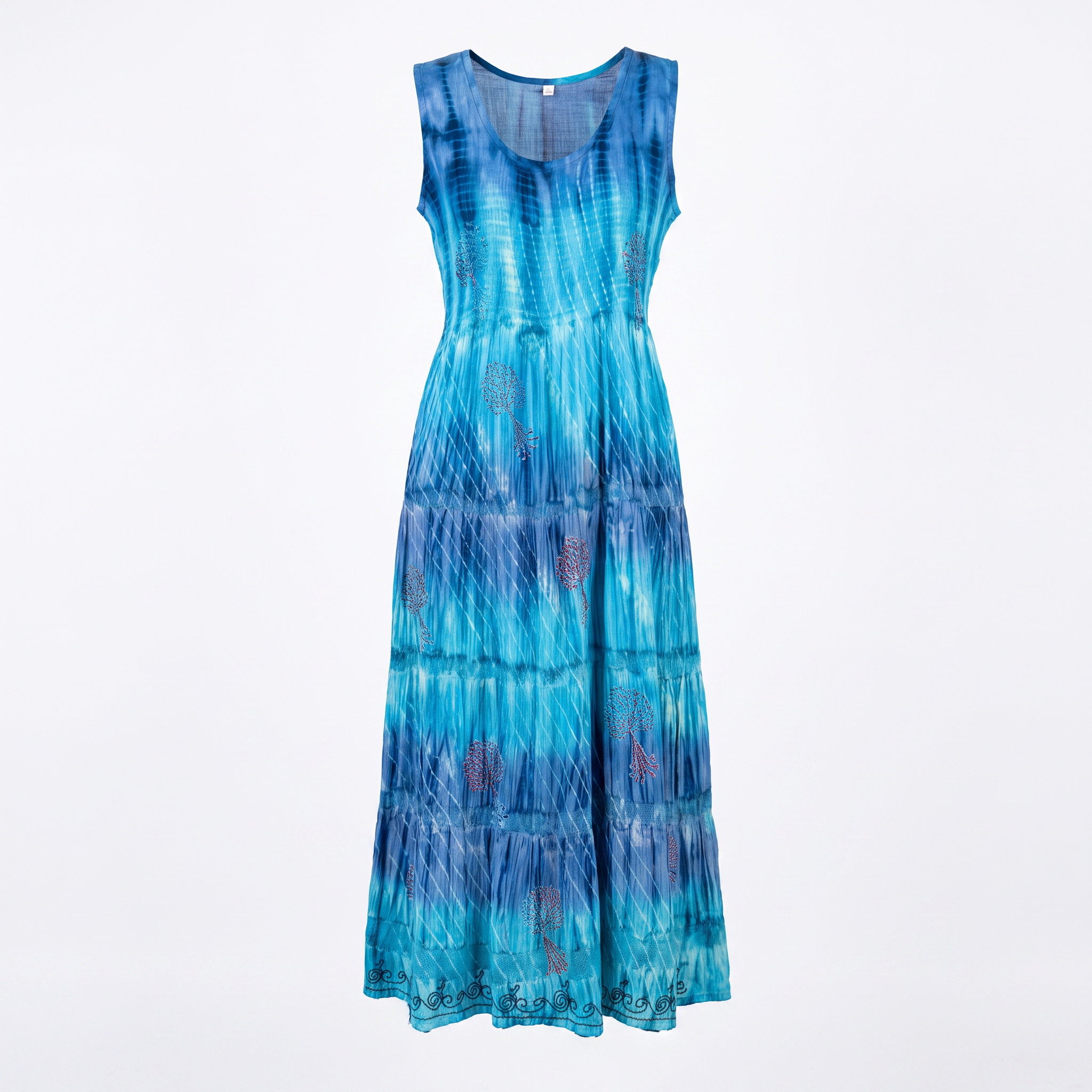 Women's Shirred Tie & Dye Midi Ladies Dress in Blue Color , Embroidery on Borders - One Size