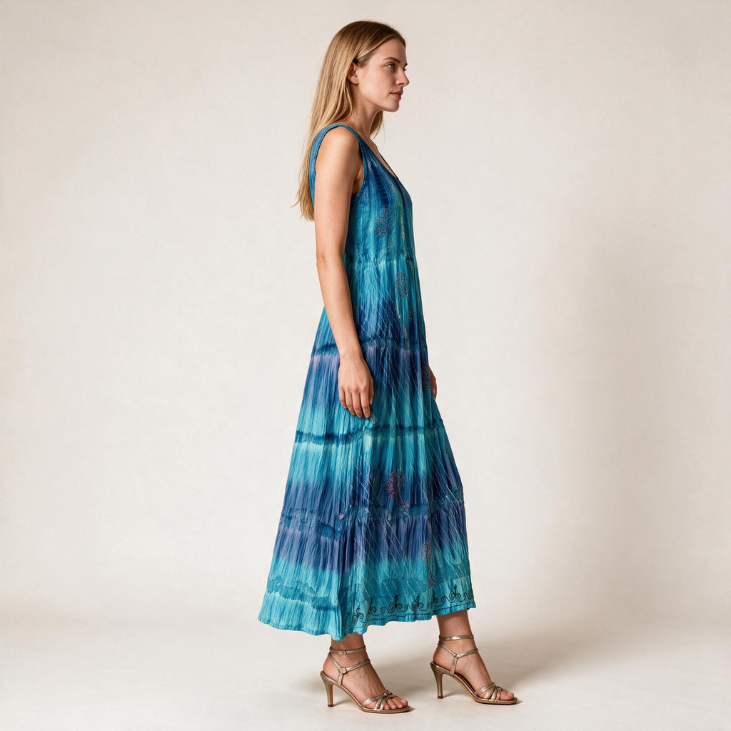 Women's Shirred Tie & Dye Midi Ladies Dress in Blue Color , Embroidery on Borders - One Size