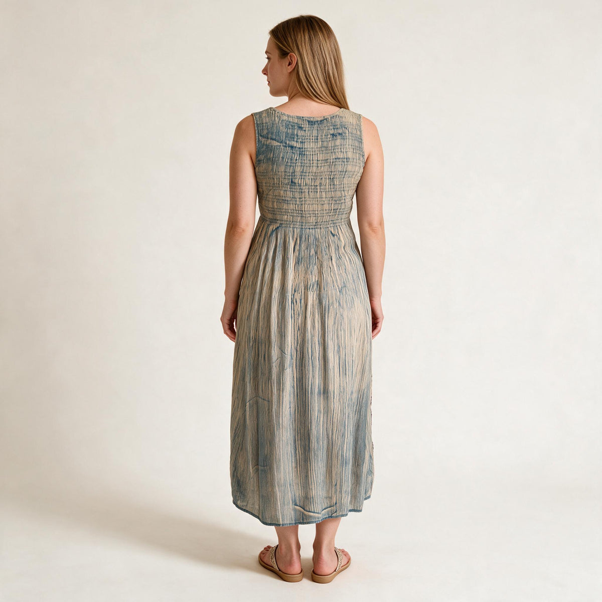 Shirred Tie & Dye Midi Ladies Dress in Turqoise Beige Colour | Glamtree