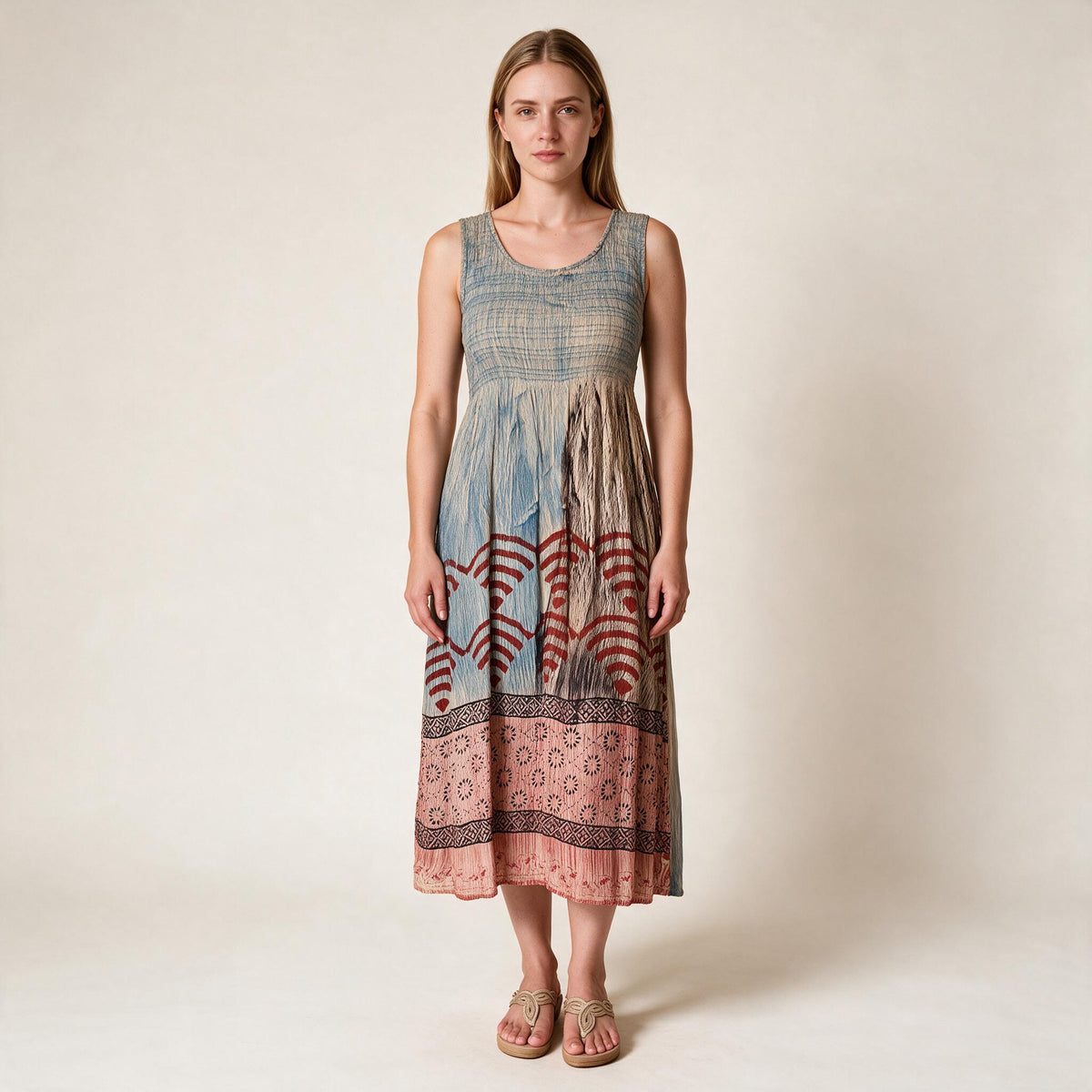Shirred Tie & Dye Midi Ladies Dress in Turqoise Beige Colour | Glamtree