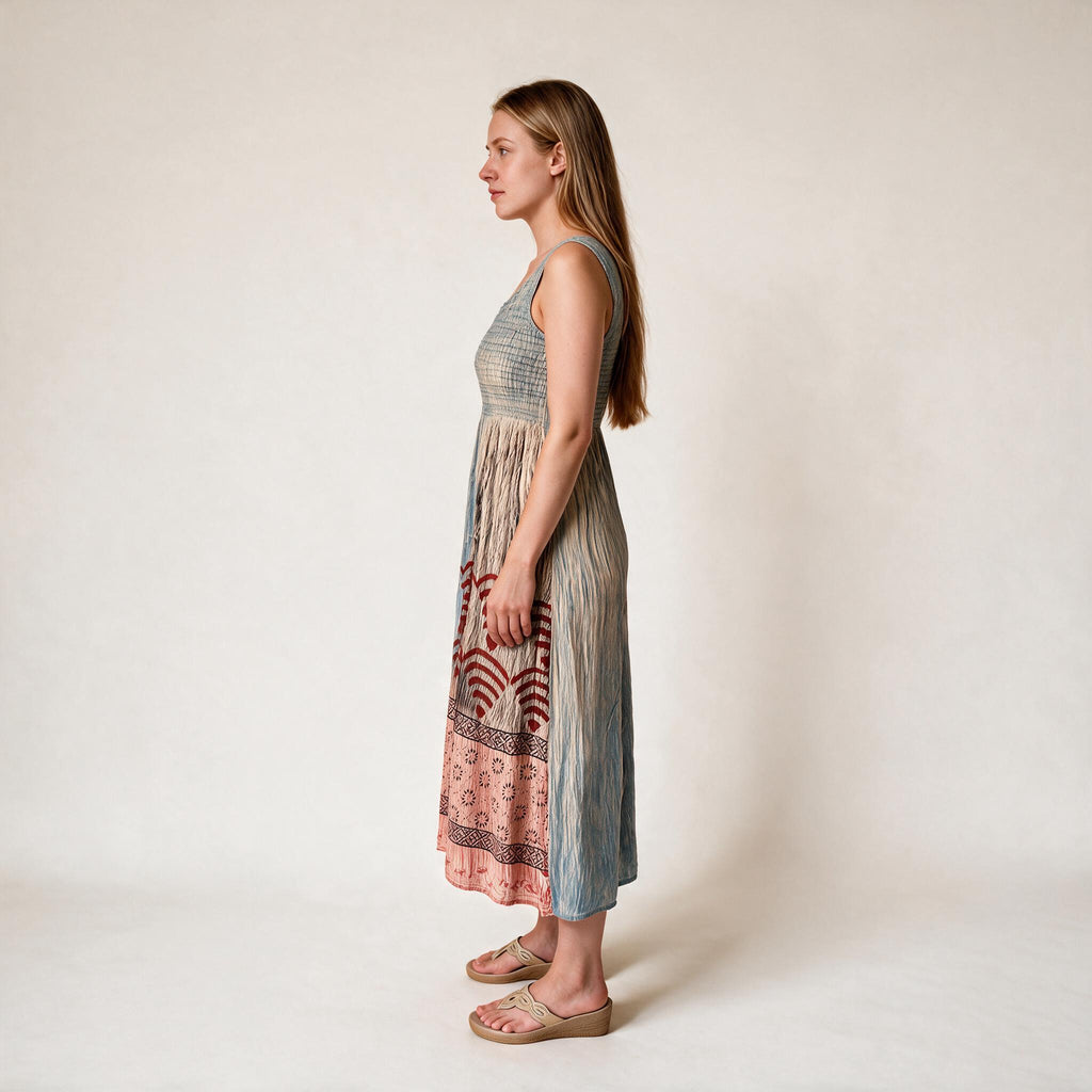Shirred Tie & Dye Midi Ladies Dress in Turqoise Beige Colour | Glamtree