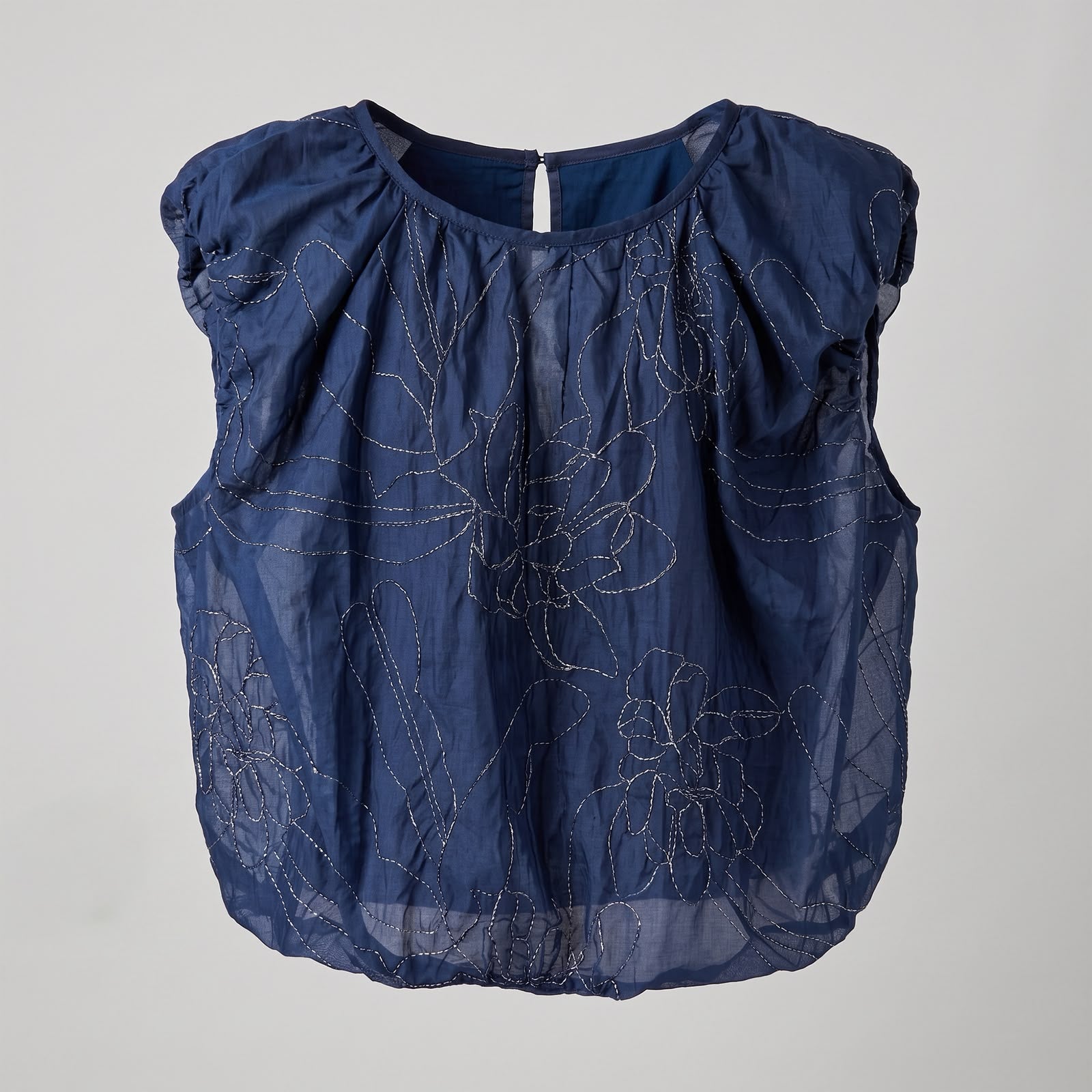 Navy Blue Floral Embroidered Stretchy Sleeveless Blouse