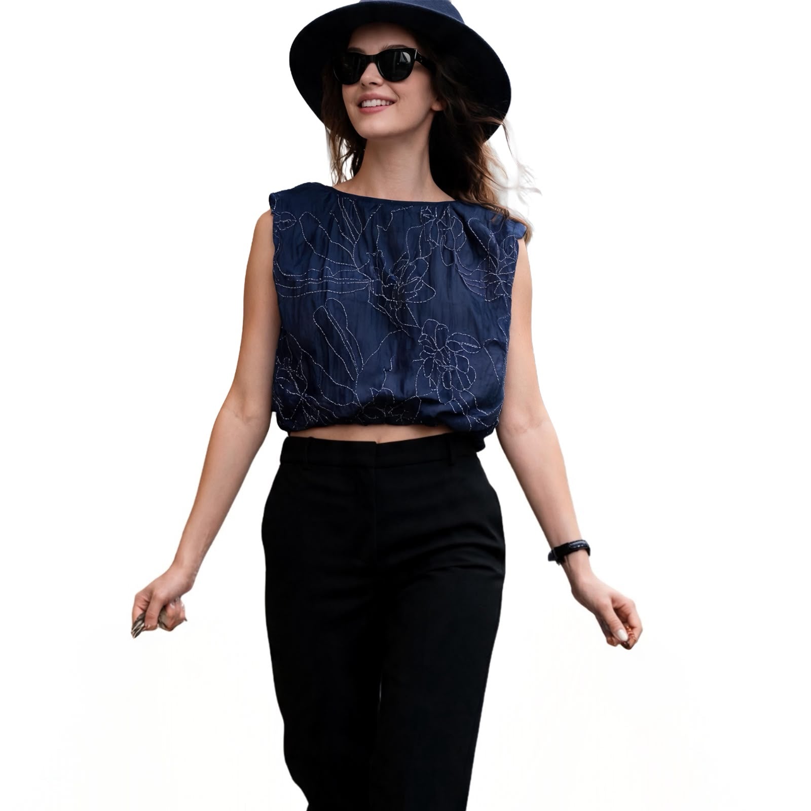 Navy Blue Floral Embroidered Stretchy Sleeveless Blouse