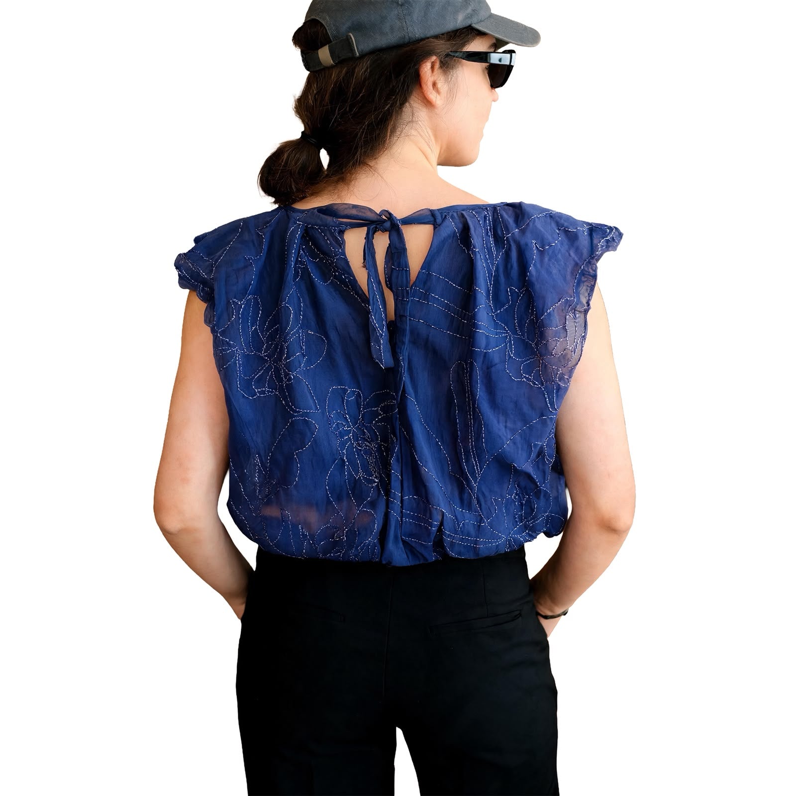 Navy Blue Floral Embroidered Stretchy Sleeveless Blouse