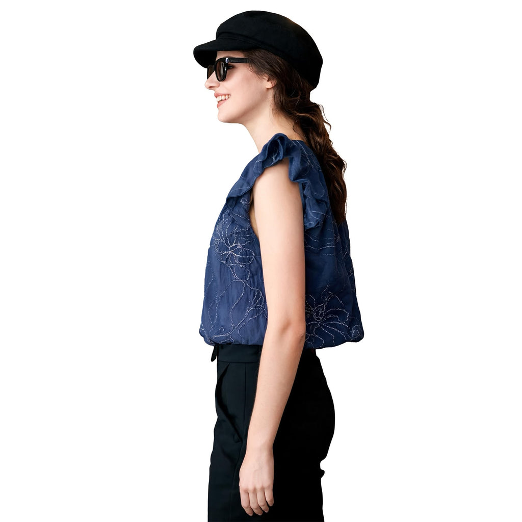 Navy Blue Floral Embroidered Stretchy Sleeveless Blouse