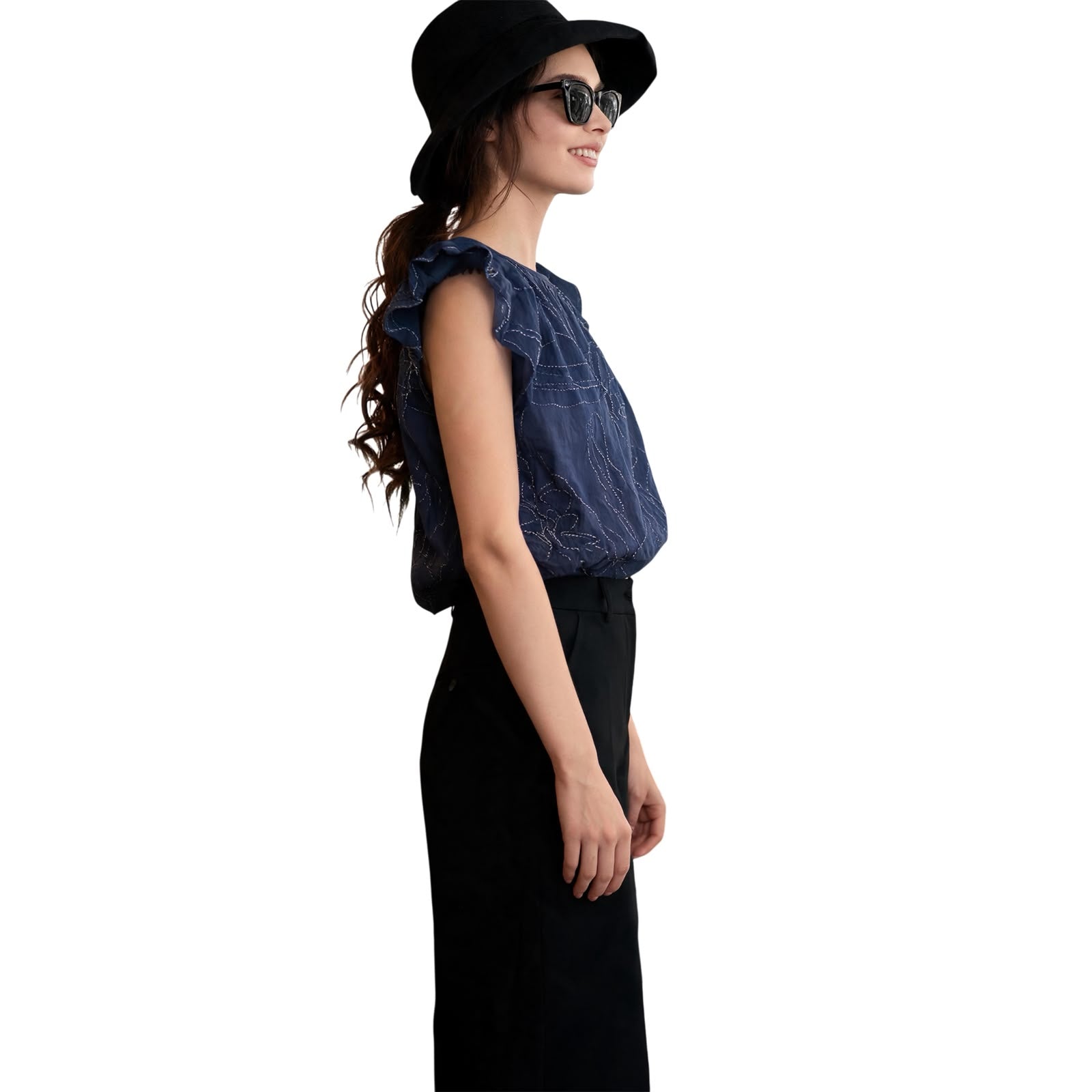Navy Blue Floral Embroidered Stretchy Sleeveless Blouse