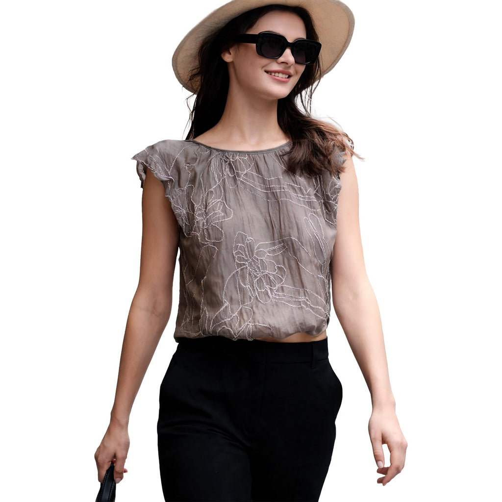 Grey Sleeveless Shiny Embroidery Flexible Blouse -M  UK Size fits to 12 14